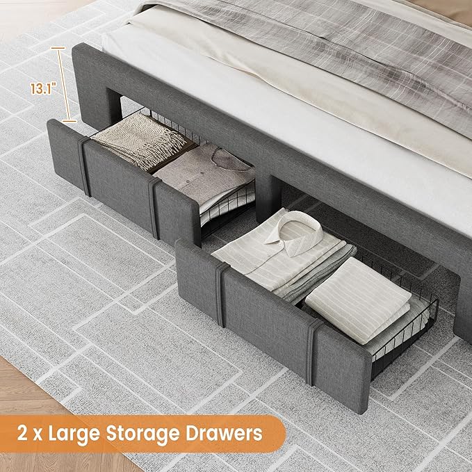 GarveeHome King Size Bed Frame, Upholstered Platform Bed Frame with Storage Drawers, Mattress Foundation with Solid Wooden Slats Support, No Box Spring Needed, Grey