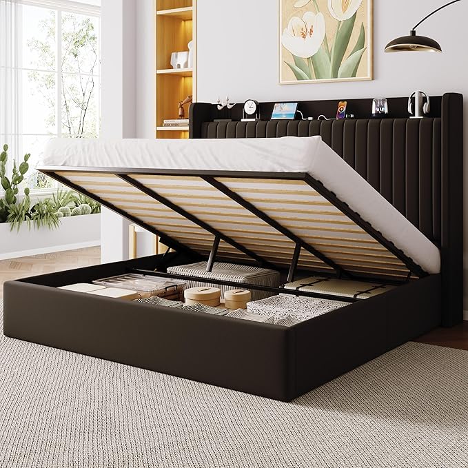 Allewie King Size Lift Up Storage Bed Frame,Storage Shelf Headboard with Charging Station,Type-C and USB Ports,Hydraulic Support,Velvet Upholstered Bed Frame,No Box Spring Needed,Black