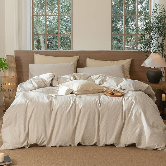 MooMee Striped Duvet Cover Set 100% Washed Cotton Linen Like Textured Breathable Durable Soft Comfy (Tannish Linen Grey White Pinstripes, King 104"x90")