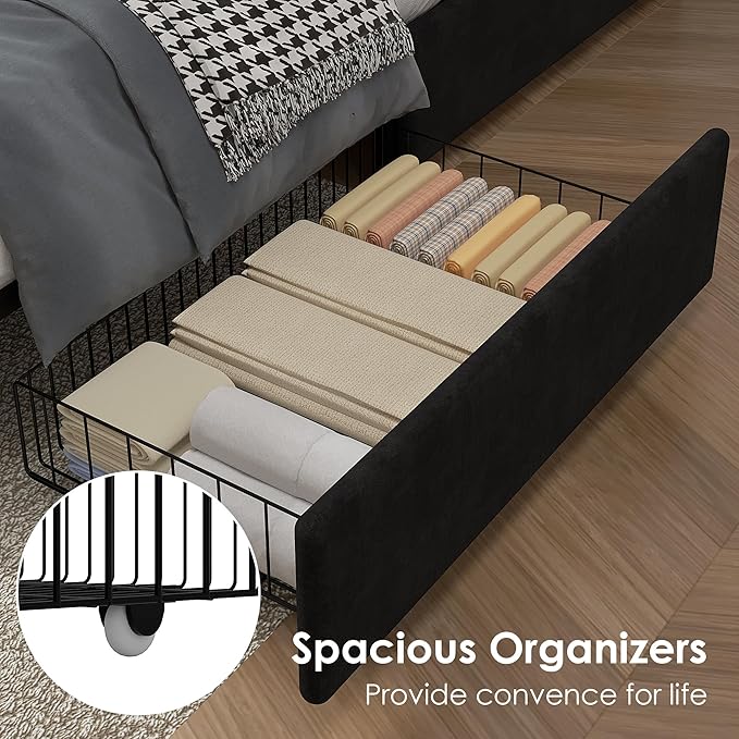 VECELO Queen Size Upholstered Bed Frame with 4 Storage Drawers, Adjustable Velvet Rivet Decor Headboard, Wooden Slats Platform Support, No Box Spring Needed, Easy Assembly,Black