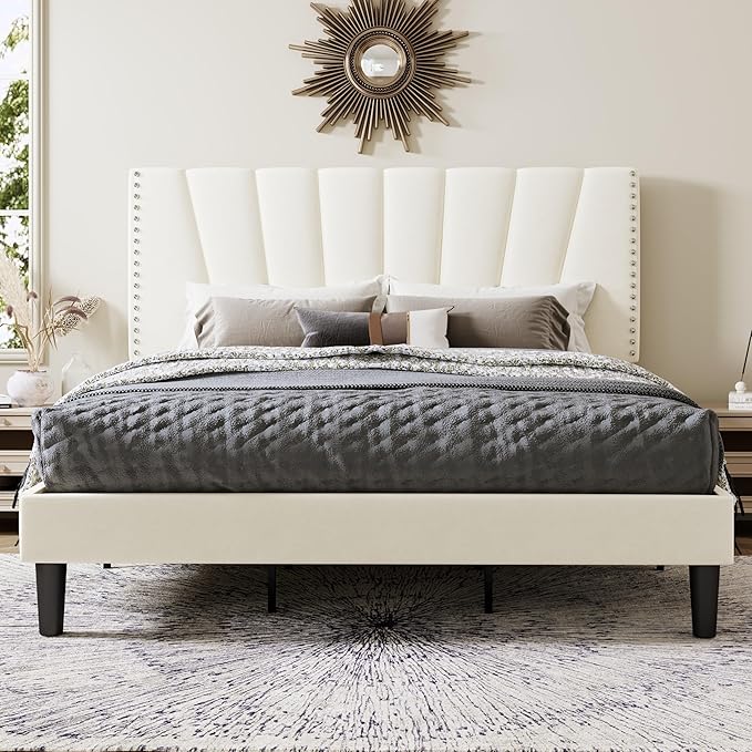 Allewie King Size Bed Frame with Adjustable Velvet Upholstered Headboard, Rivet-Style Nailhead Trim Detail Platform Bed Frame, Wooden Slat Support, No Box Spring Needed, Easy Assembly, Cream