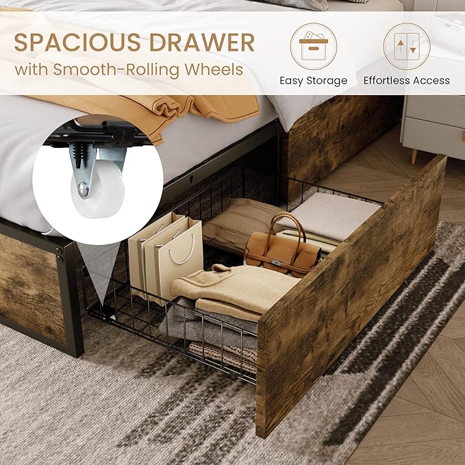 SHA CERLIN Full Platform Bed Frame with 2 Large Storage Drawers, Rustic Wood and Metal, Noise-Free, Easy Assembly, No Box Spring Needed, Brown