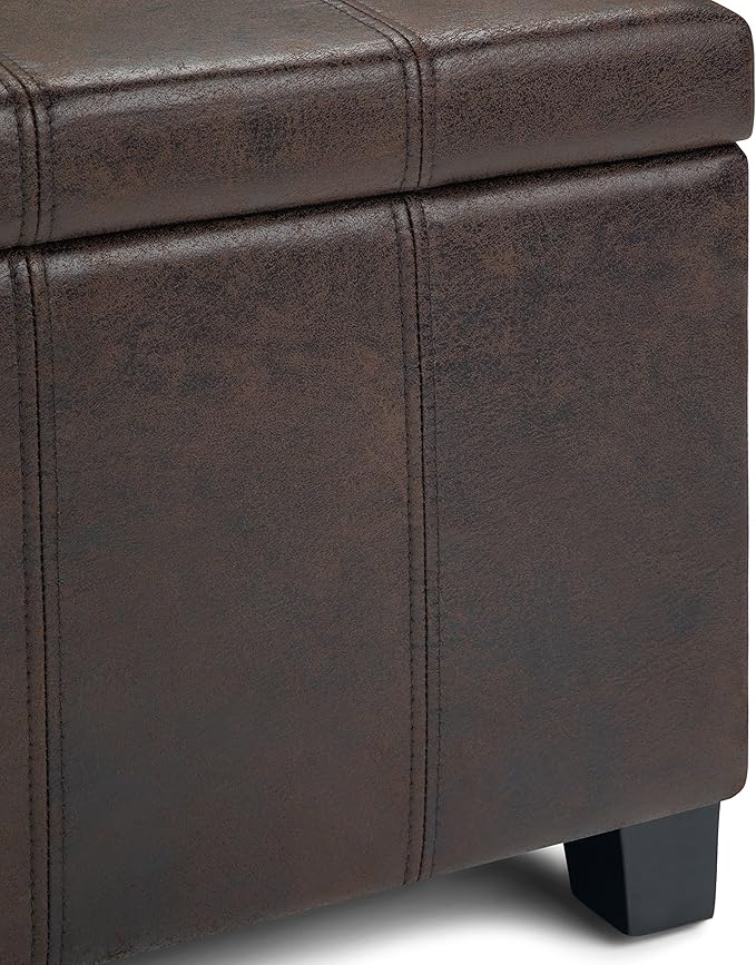 SIMPLIHOME Dover Storage Ottoman Bench - 36 inch Wide Upholstered Vegan Leather Rectangular Lift-Top Ottoman in Distressed Brown, Contemporary Bench for Living Room with Safety Hinges