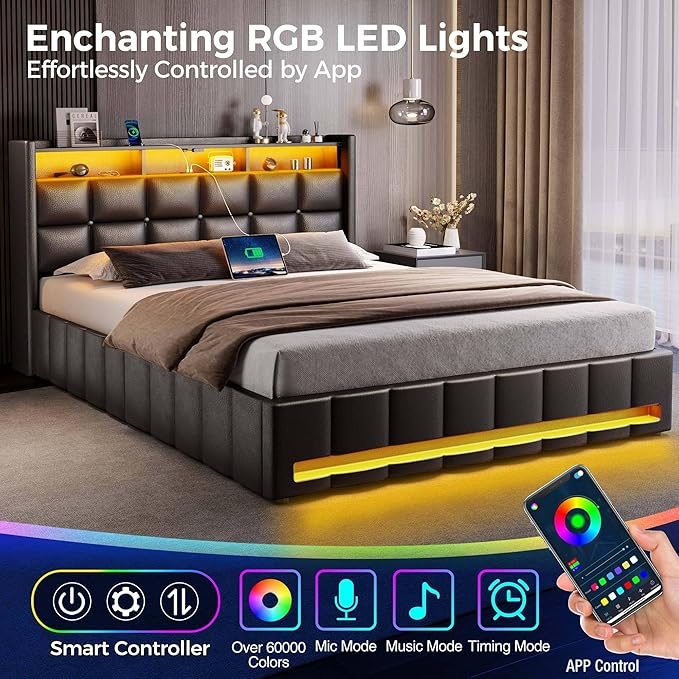 Rolanstar Bed Frame Full Size with Lift Up Storage, Charging Station & LED Lights, Upholstered Storage Headboard, Heavy Duty Wooden Slats, No Box Spring Needed, Noise Free, Easy Assembly, Black