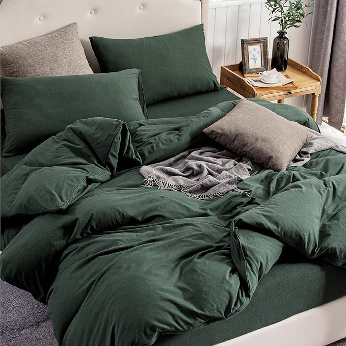 PURE ERA Jersey Knit Duvet Cover Set 100% T-Shirt Cotton Super Soft Comfy 3pc Bedding Set with Zipper Closure (Solid Forest Green, Oversized King)