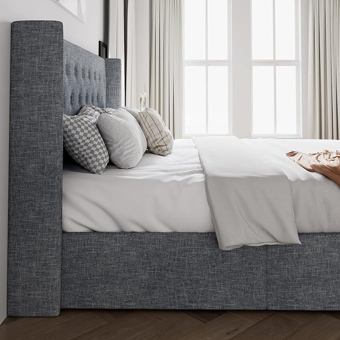 SHA CERLIN Queen Size Lift Up Storage Bed Frame,Button Tufted Wingback Headboard,Upholstered Platform,Hydraulic Storage,Wooden Slat Support,No Box Spring,Grey Blue