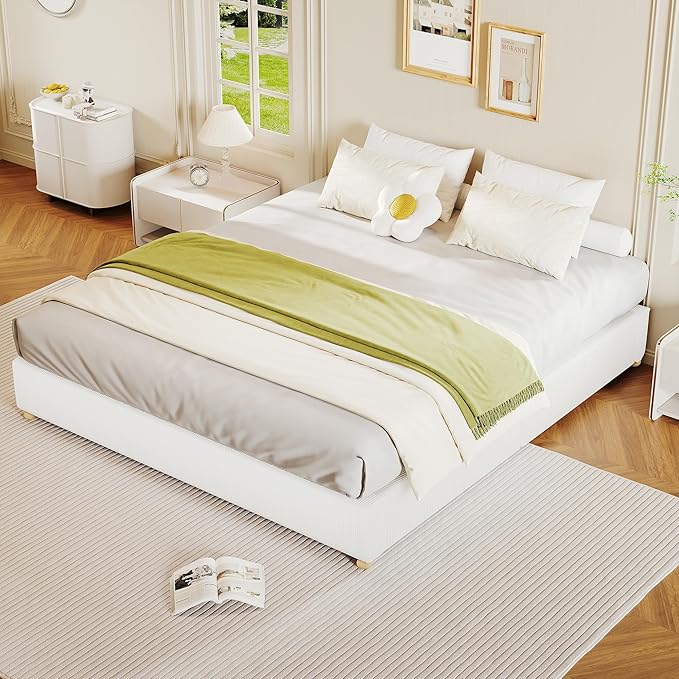 GarveeHome Queen Size Cloud Bed Frame，Corduroy Low Bed Frame Without Headboard, Thick Fabric Upholstered Platform Bed, Solid Wood Legs, No Box Spring Needed, Never Squeak, Easy Assembly, White