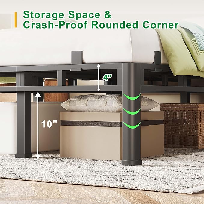ROIL 14 Inch Queen Bed Frame, Double Layer Metal Bed Frame with Round Corner Legs, 4000LBS Bed Frame & Box Spring 2 in 1 Platform with Headboard Holes Mattress Baffles, Noise-Free Easy Assembly