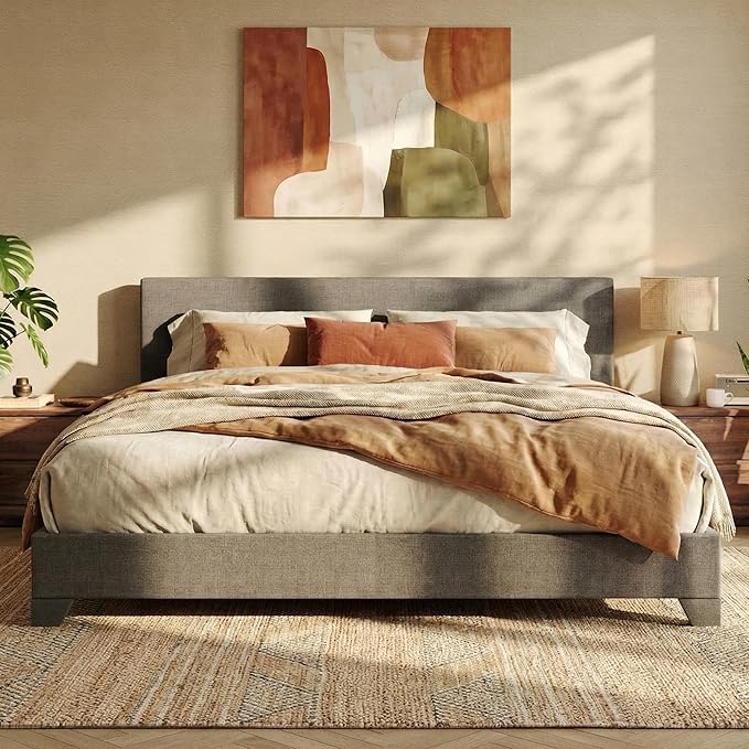SHA CERLIN Dark Grey King Platform Upholstered Bed Frame with Adjustable Headboard, Wood Slats Support, No Box Spring Needed, Easy Assembly, Easy Clean Up
