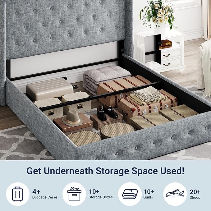 Allewie Queen Size Lift Up Storage Bed, Button Tufted Headboard with Wingback, Hydraulic Support, No Box Spring Needed, Grey Blue