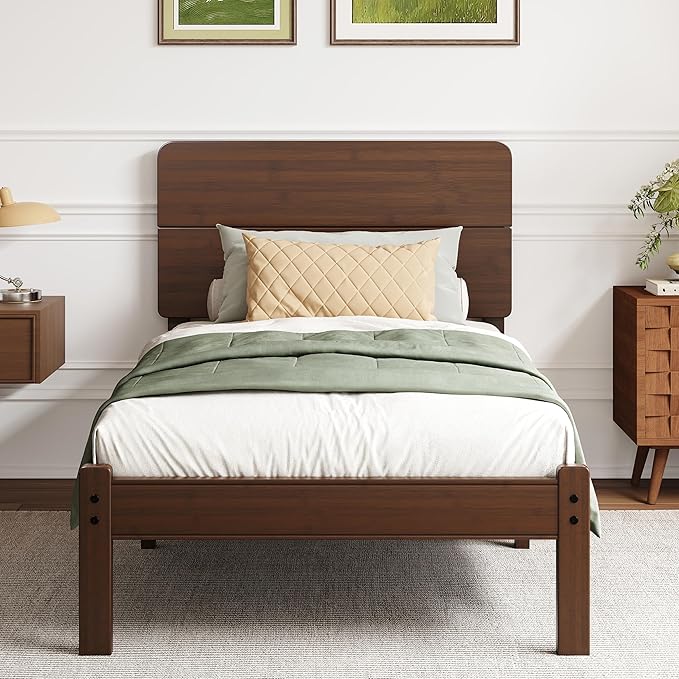 BOSRII 14in High Solid Bamboo Wood Platform Twin XL Bed Frame with Headboard, Reinforced Heavy Duty Metal Slats, Noise Free, No Box Spring Needed, Easy Assembly, Walnut
