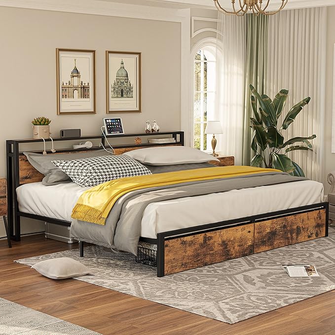 LIKIMIO King Bed Frame with Storage Headboard, Platform Bed with Drawers and Charging Station, No Box Spring Needed, Easy Assembly, Vintage Brown