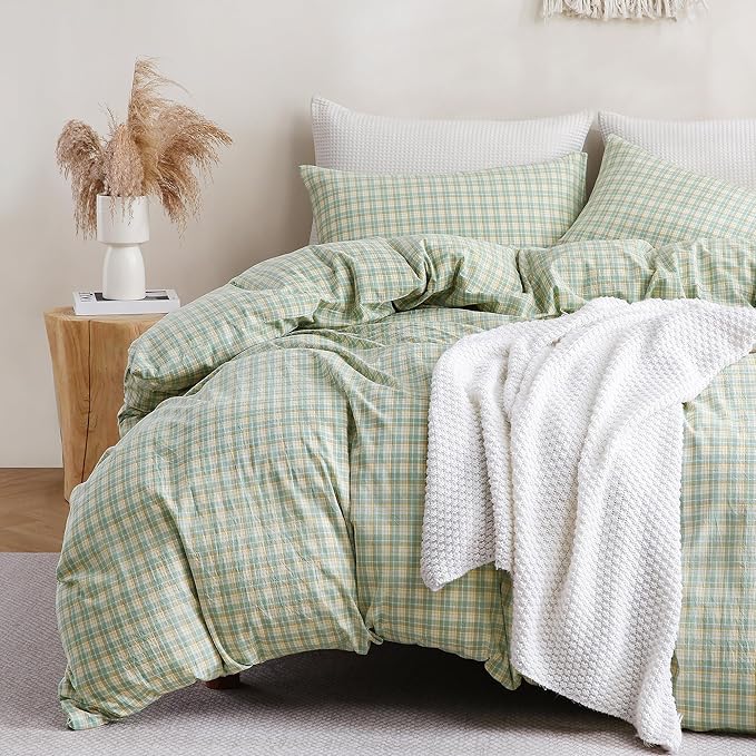 TOCOMOA Plaid Duvet Cover Set 100% Washed Cotton Like Linen Feel Super Soft Comfy 3 Piece Green and Yellow Gingham Checkered Bedding Comforter Cover Set (Queen 90"x90", Comforter Not Included)