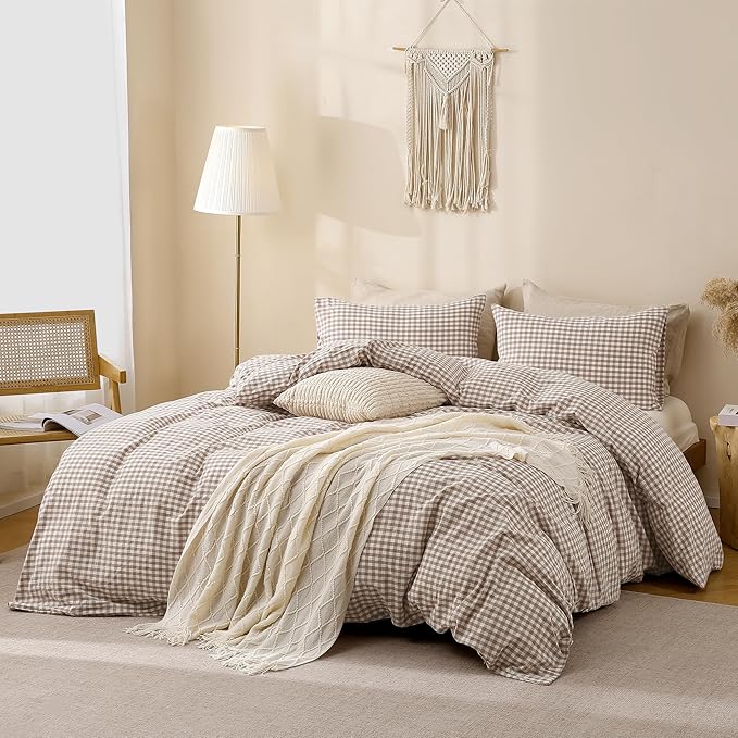 TOCOMOA Tan Gingham Duvet Cover Bedding Set 100% Washed Cotton Like Linen Feel Super Soft Comfy 3 Piece Brown Plaid Checkered Comforter Cover Set (Oversized King 120"x98", Comforter Not Included)