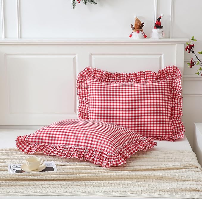 2 Pack Red/White Gingham Pillowcase 20x26 inches 100% Washed Cotton Ruffled Vintage Pillow Sham Standard Size Pillow Cover for Couch Bed Living Room