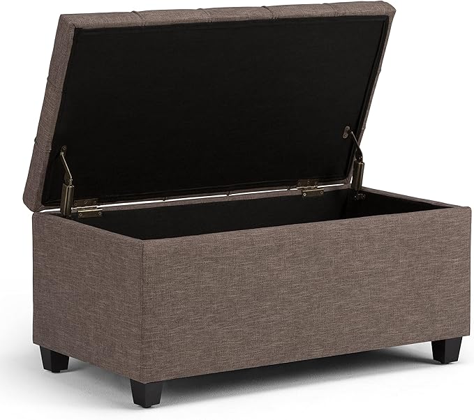 SIMPLIHOME Sienna Storage Ottoman Bench - 33 inch Wide Upholstered Linen Look Fabric Rectangle Storage Ottoman Bench in Tanners Brown, Transitional Tufted Ottoman for Living Room with Lift Top