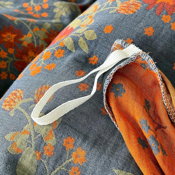 VM VOUGEMARKET Boho Vintage Floral Double Layer Gauze Jacquard Duvet Cover Set King, Dusty Smoky Blue Soft Breathable Cotton Muslin Bedding Set for Bedroom Decor