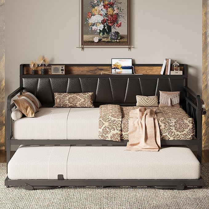 LIKIMIO Twin XL Daybed, Day Bed with Trundle, Storage Upholstered Headboard and Charging Station, Trundle Bed with Strong Supports for Living Room, Bedroom, and Guest Room, Black