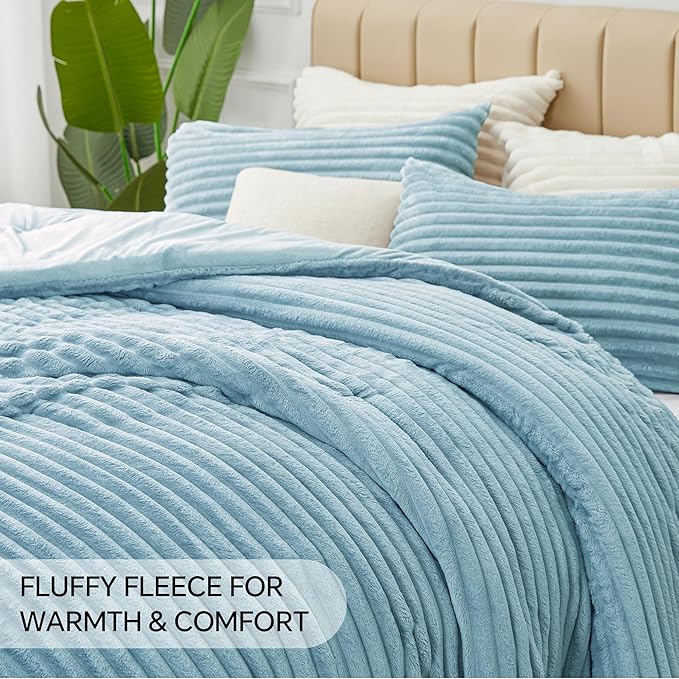 BEDELITE Fleece King Comforter Set -Super Soft & Warm Fluffy Light Blue Bedding, Luxury Fuzzy Heavy Bed Set for Winter with 2 Pillow Cases