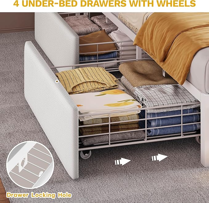 DWVO Queen Size Bed Frame with RGB LED Lights & Storage Bookcase Headboard, Upholstered Bed with Charging Station and 4 Drawers, No Box Spring Needed, Easy Assembly, Noise-Free, PU Leather White