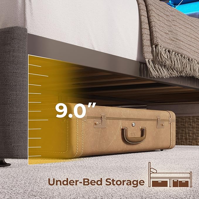 Rolanstar Queen Size Bed Frame with LED Lights and Charging Station, Upholstered Headboard with 2-Tier Storage Shelves, Heavy Duty Metal Frame, Noise-Free Support, Easy Assembly, No Box Spring Needed
