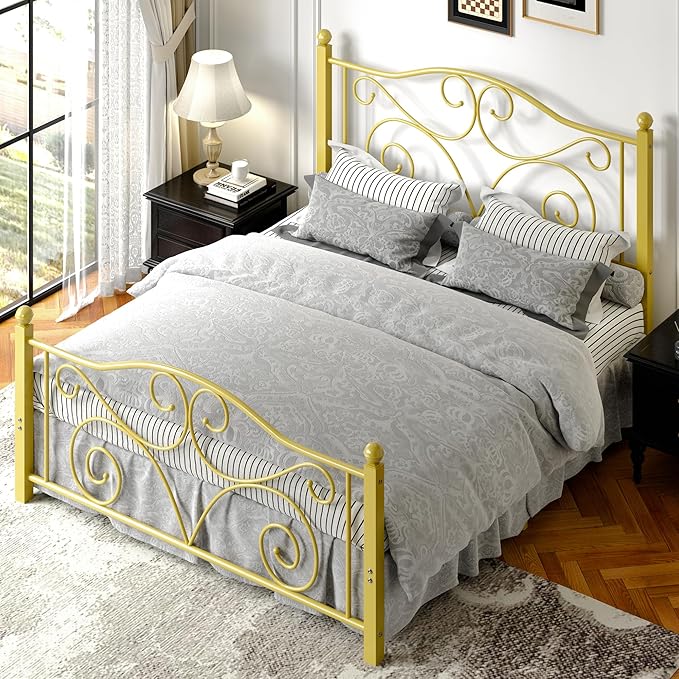 VECELO Queen Size Bed Frame with Headboard and Footboard, Heavy Duty Metal Slat Support, Platform Mattress Foundation, No Box Spring Needed, Easy Assembly, Gold