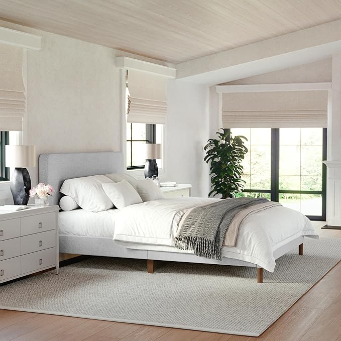 Martha Stewart Britta Platform Bed with Headboard & Footboard, Faux Linen Upholstery with Piping Detail, Rounded Headboard, No Box Spring Needed, Queen, Gray