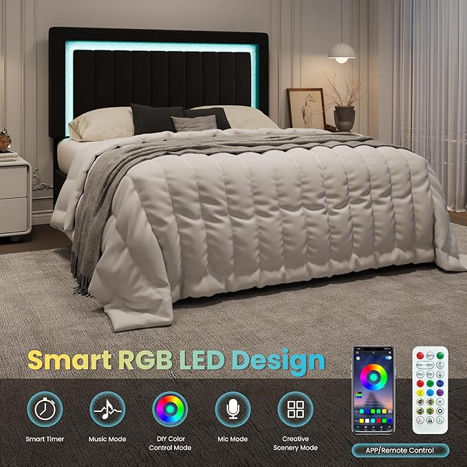 SHA CERLIN King Size Velvet Bed Frame with LED Light, Adjustable Vertical Channel Tufted Headboard, Strong Wooden Slats Support, Noise-Free, No Box Spring Needed, Black
