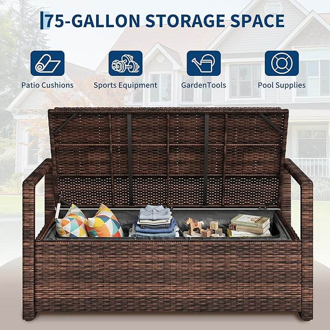 Outdoor Storage Bench with Cushion, 2-Person All-Weather PE Rattan Patio Bench with Backrest & Armrests, Waterproof Wicker Deck Box Seat for Garden, Porch, Poolside & Backyard, Metal Frame，Brown