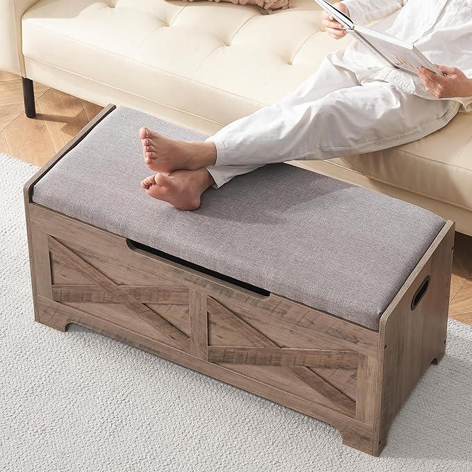 GarveeHome 39.4 in Storage Chest, Wooden Storage Bench with Safety Hinges, Easy Assembly, Large Shoe Bench for Entryway, Living Room, Bedroom