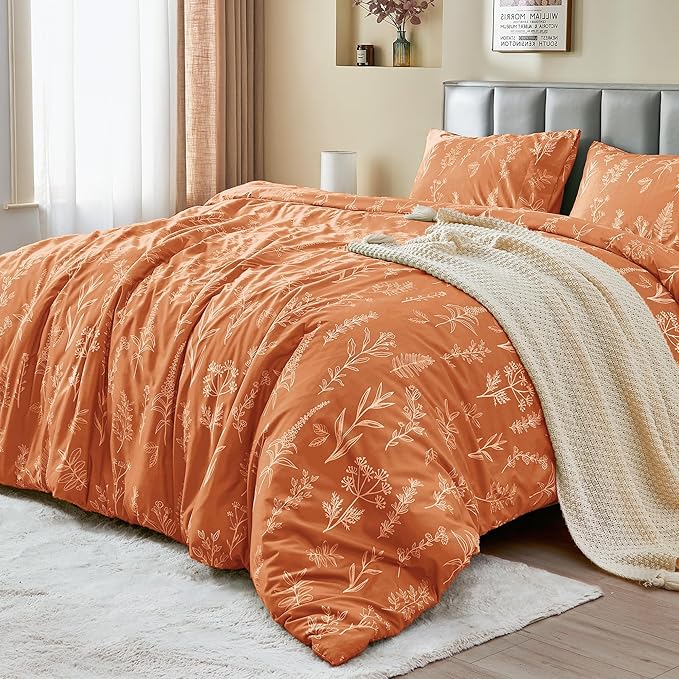 MUXHOMO Duvet Cover King Size, Reversible Floral Caramel Duvet Cover Set with Zipper Closure, 3 Pieces Botanical Patterns Soft Microfiber Bedding Set with 4 Ties (90"x104", 2 Pillow Cases)
