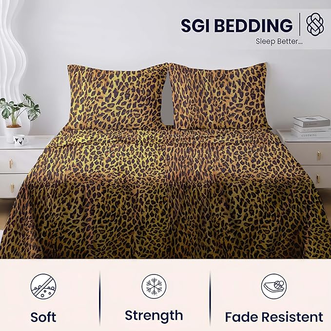 SGI bedding 100% Egyptian Cotton Sheets Full XL Size – 600 Thread Count Sheets Set, Soft, Cooling, 15" Deep Pocket, Luxury Hotel Bedding, Breathable, Durable - Leopard Print