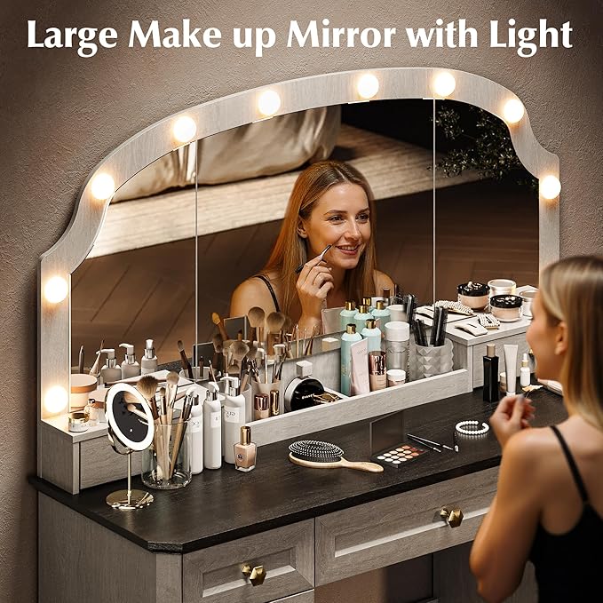 Farmhouse Makeup Vanity Desk with Mirror and Lights, 47'' Vanity Table with 8 Storage Drawers 1 Cabinet & 2 Organizer Trays, Large Dressing Table with Charging for Bedroom Rustic Black