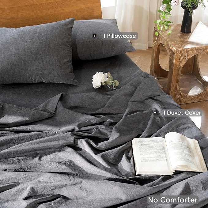 MooMee Bedding Duvet Cover Set 100% Washed Cotton Linen Like Textured Breathable Durable Soft Comfy (Heathered Dark Grey, Twin 68"x90")