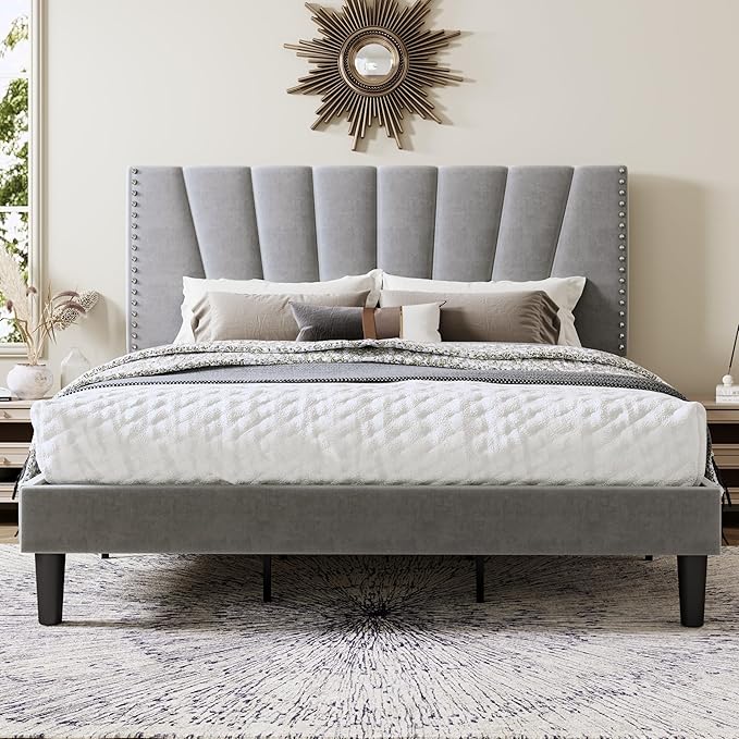 Allewie King Size Bed Frame with Adjustable Velvet Upholstered Headboard, Rivet-Style Nailhead Trim Detail Platform Bed Frame, Wooden Slat Support, No Box Spring Needed, Easy Assembly, Grey