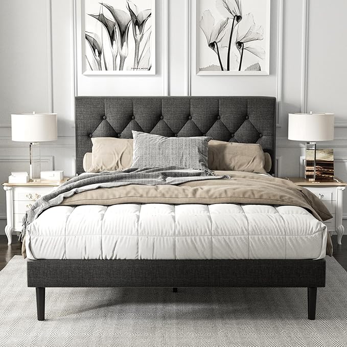 HAOARA Queen Size Platform Bed Frame with Upholstered Button Tufted Headboard, Mattress Foundation with Wooden Slat Support, Noise Free, No Box Spring Needed, Easy Assembly, Dark Grey