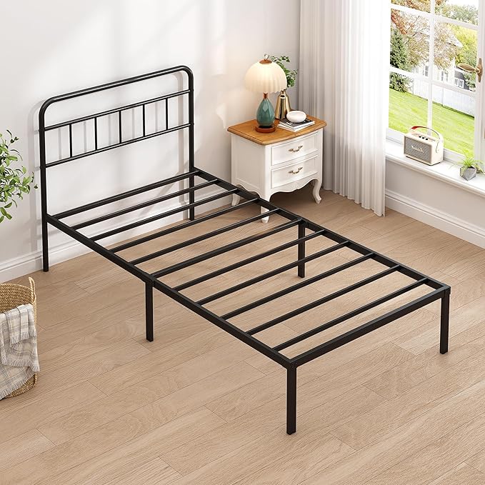 Twin Bed Frame with Classic Headboard,Strong Metal Slats Support,Under Bed Storage Space,No Box Spring Needed,Easy to Assemble,Black