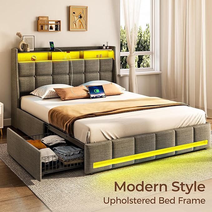 Rolanstar Queen Size Bed Frame with RGB LED Lights & Charging Station, Upholstered Storage Headboard with 4 Drawers, Heavy Duty Metal Frame, No Box Spring Needed, Easy Assembly