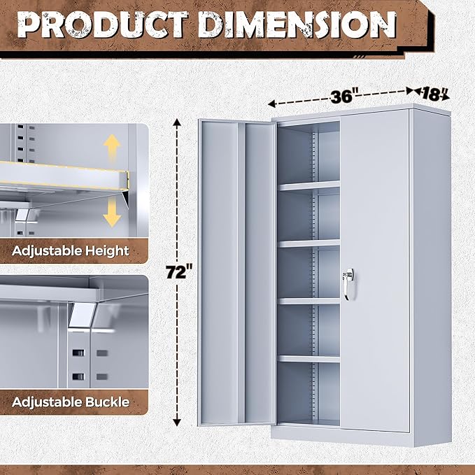 INTERGREAT Tall Metal Storage Cabinet Locking Steel with 4 Adjustable Shelves,72" Lockable Cabinets Lock 2 Doors for Office Garage Supply Home (Cement Gray)