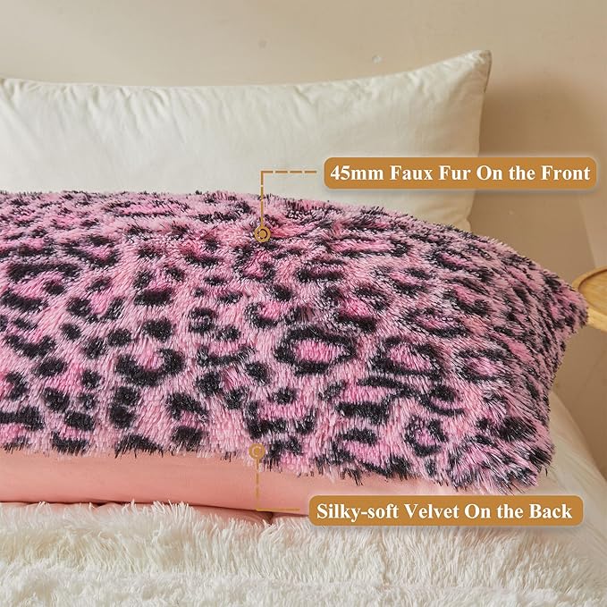 XeGe 20x54 Fluffy Leopard Print Body Pillow Cover, Cheetah Print Plush Fuzzy Faux Fur Body Pillowcase with Zipper, Farmhouse Shaggy Furry Long Pillow Cover for Women Side Sleeper, Black and Pink