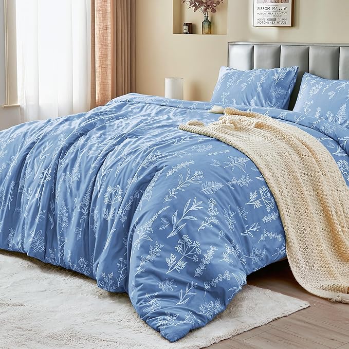 MUXHOMO Duvet Cover King Size, Reversible Floral Ice Blue Duvet Cover Set with Zipper Closure, 3 Pieces Botanical Patterns Soft Microfiber Bedding Set with 4 Ties (90"x104", 2 Pillow Cases)