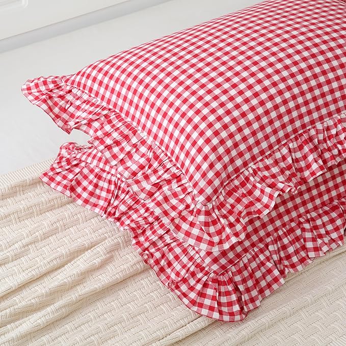 2 Pack Red/White Gingham Pillowcase 20x26 inches 100% Washed Cotton Ruffled Vintage Pillow Sham Standard Size Pillow Cover for Couch Bed Living Room