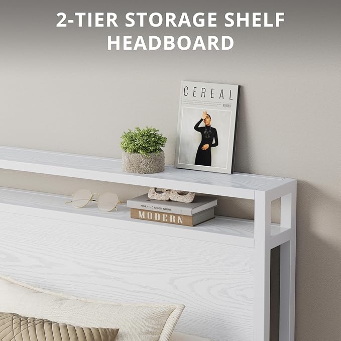 LIKIMIO Queen Bed Frame with Headboard, Wood Camas Queen with Strong Supports, Sturdy, Noise-Free, No Box Spring Needed, White