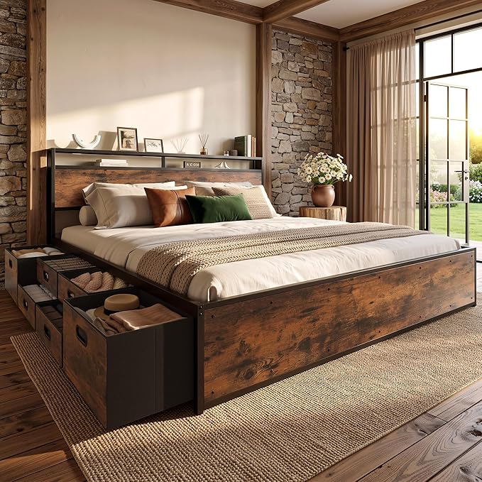 LIKIMIO King Bed Frame with 12 Fabric Storage Drawers, Industrial Platform Bed Frame with Headboard, No Box Spring Needed, Sturdy Metal Slat Support, Rustic Brown, Noise-Free, Easy Assembly