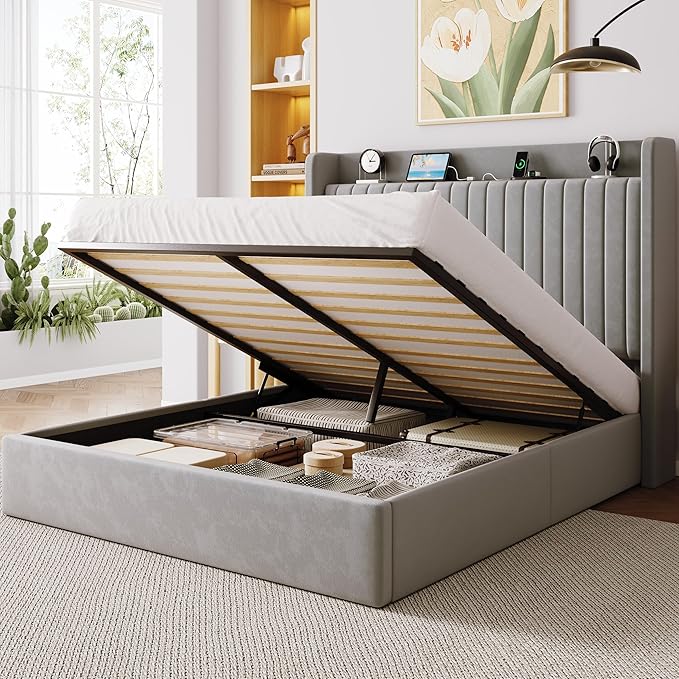 Allewie Full Size Lift Up Storage Bed Frame,Storage Shelf Headboard with Charging Station,Type-C and USB Ports,Hydraulic Support,Velvet Upholstered Bed Frame,No Box Spring Needed,Grey