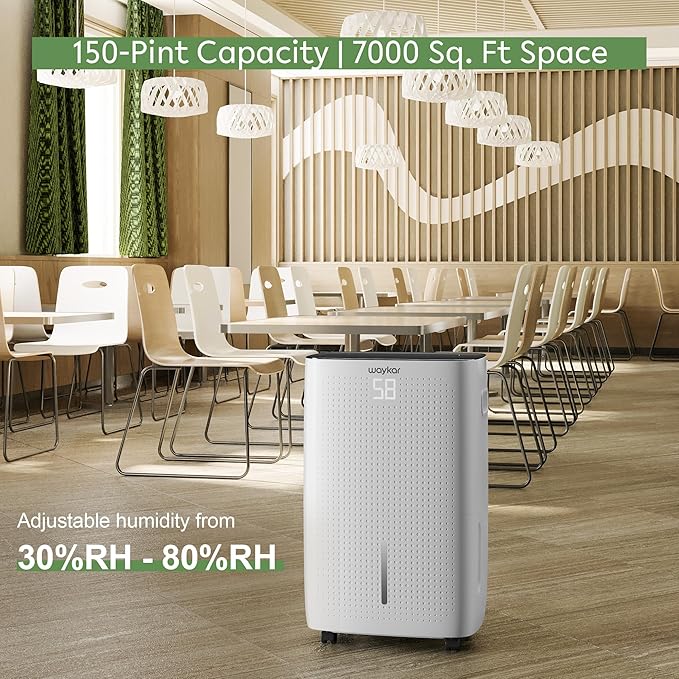 Waykar 150 Pints 7,500 Sq. Ft High Efficiency Dehumidifier with Drain Hose for Commercial and Industrial Large Rooms, Home, Basements, Storages, Warehouses and Bedrooms