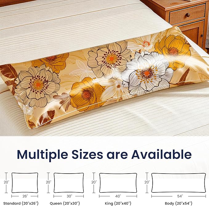 EXQ Home Satin Pillowcase for Hair and Skin - Printed Autumn Flowers Silk Body Pillowcase 20x54 inches - Body Pillow Cases with Envelope Closure, Gifts for Women Men