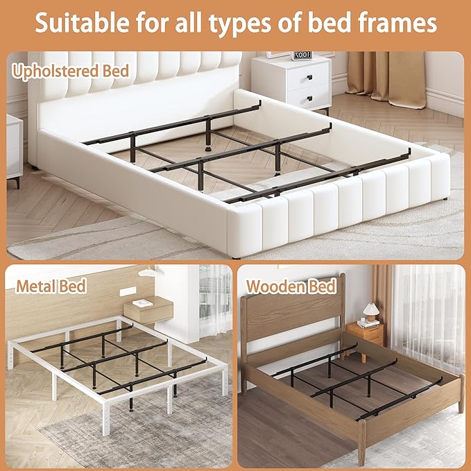 Bed Frame Support System - 3 Cross Rails and 6 Adjustable Legs,Universal Strong Center Support Beams for Full, Queen and King,California King Metal/Wood/Upholstered Bed