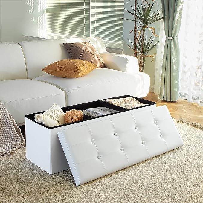 Camabel 43 Inch Folding Storage Ottoman Bench 120L Hold up 700lbs Ottoman with Storage Chest Foam Seat Padded Foot Rest Stool Faux Leather Bedroom Bench Coffee Table White