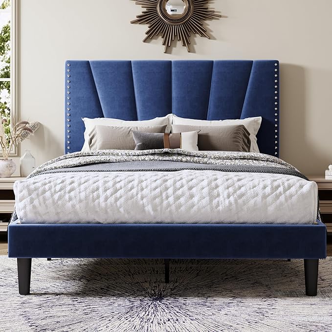 Allewie Queen Size Bed Frame with Adjustable Velvet Upholstered Headboard, Rivet-Style Nailhead Trim Detail Platform Bed Frame, Wooden Slat Support, No Box Spring Needed, Easy Assembly, Blue